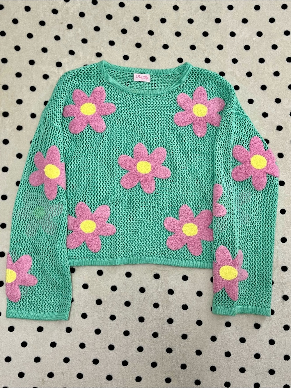 Pink Lily Floral Mesh Open-Knit Crewneck Sweater Size L